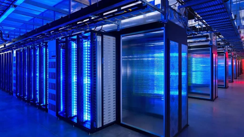 Rows of server racks with blue lighting in a data centre aisle