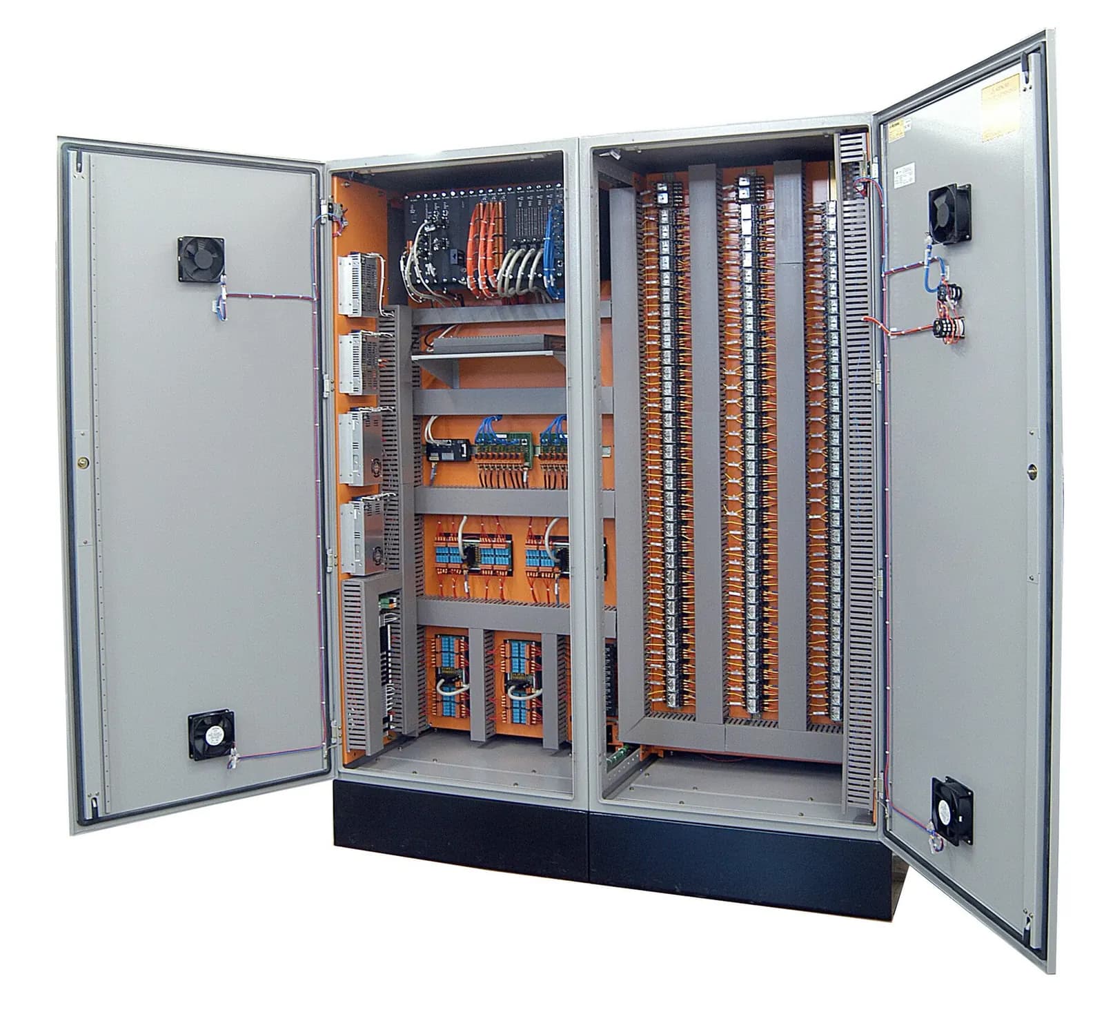 Two-section PLC control panel with doors open, showing the controller rack, power supplies, relays and rows of terminal strips