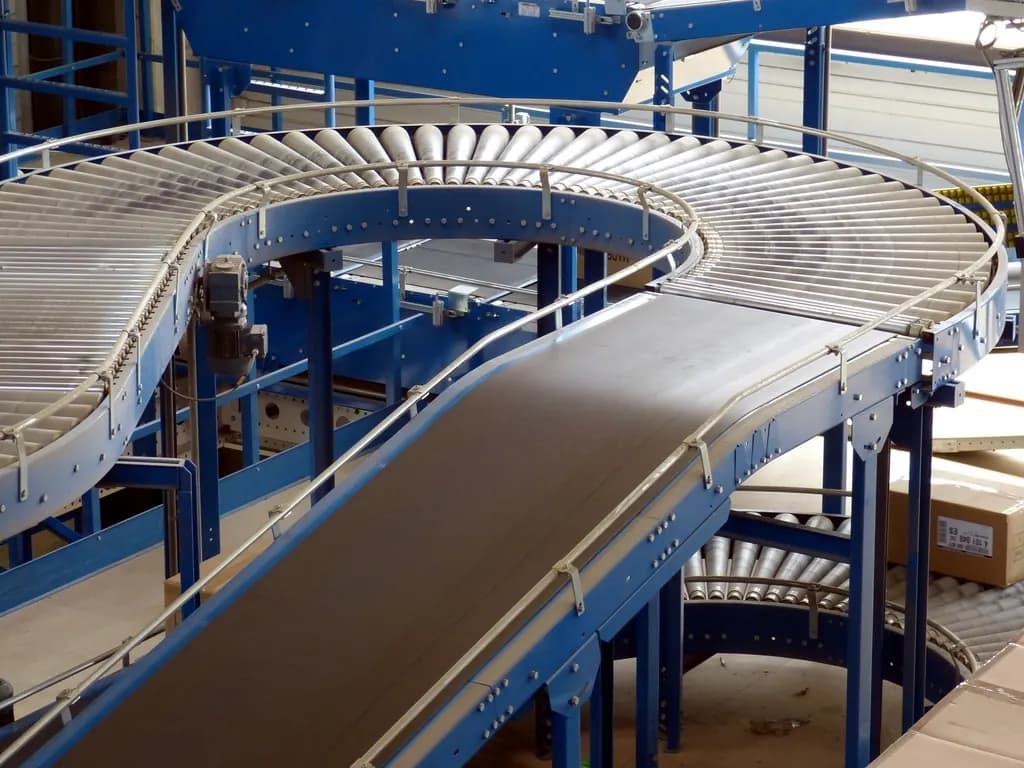 Curved roller conveyors and belt conveyors in a distribution hall