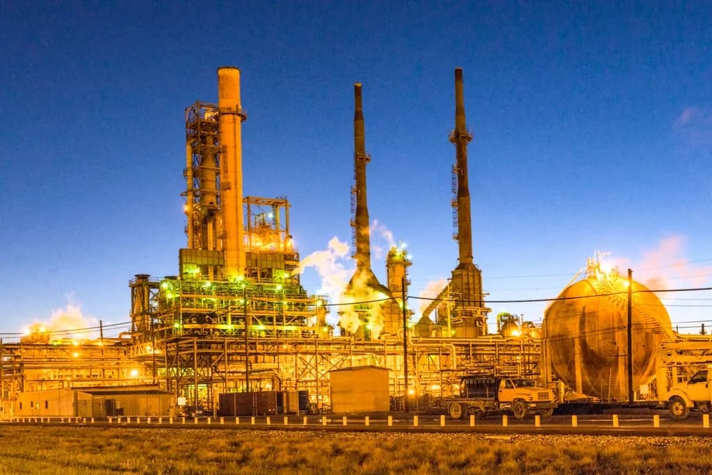 Oil refinery lit up at dusk with distillation columns, stacks and a spherical storage tank