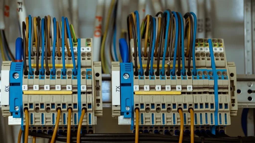 Two rows of terminal blocks labelled 6X and 7X with numbered terminals and blue, brown and orange wiring in a control cabinet