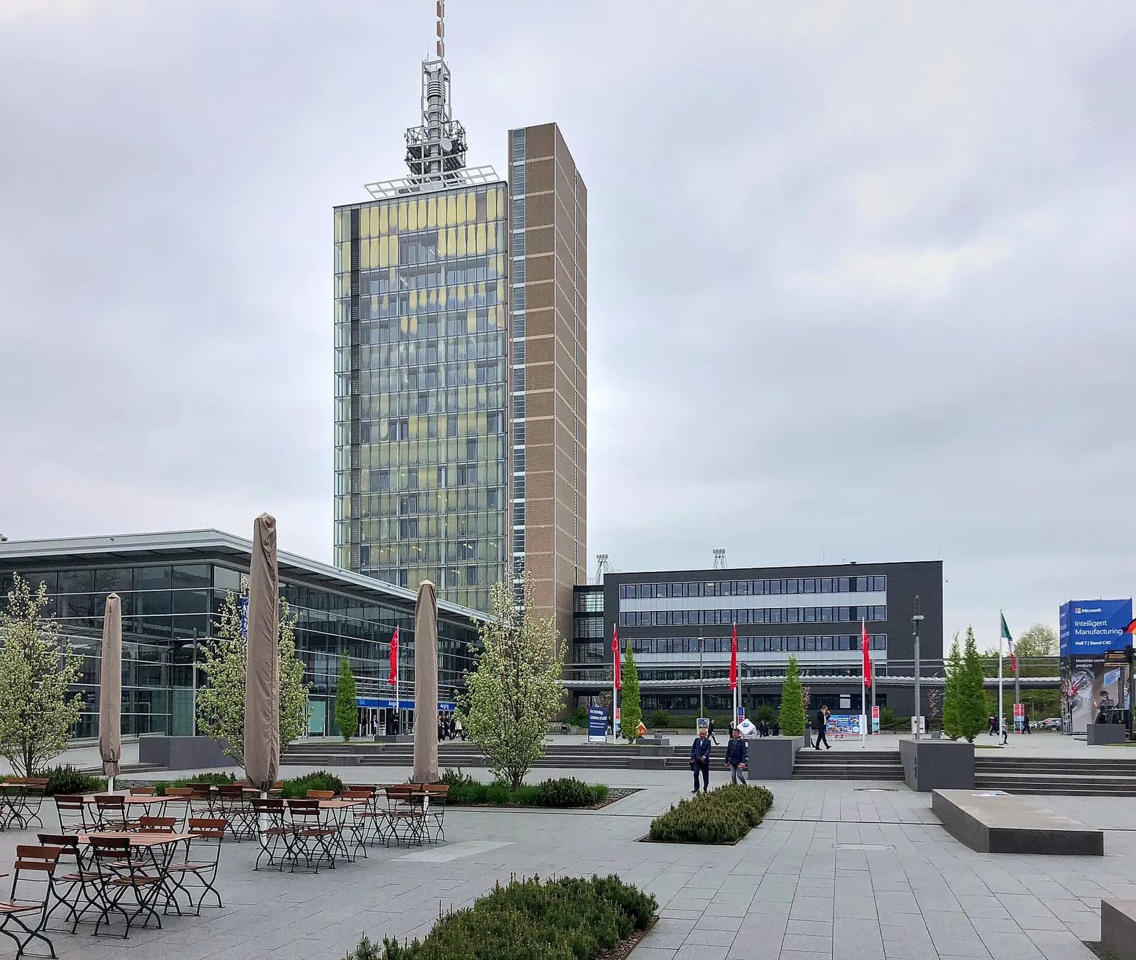 Exhibition grounds of the Hannover Messe 2018 with the Hermes tower and exhibition halls