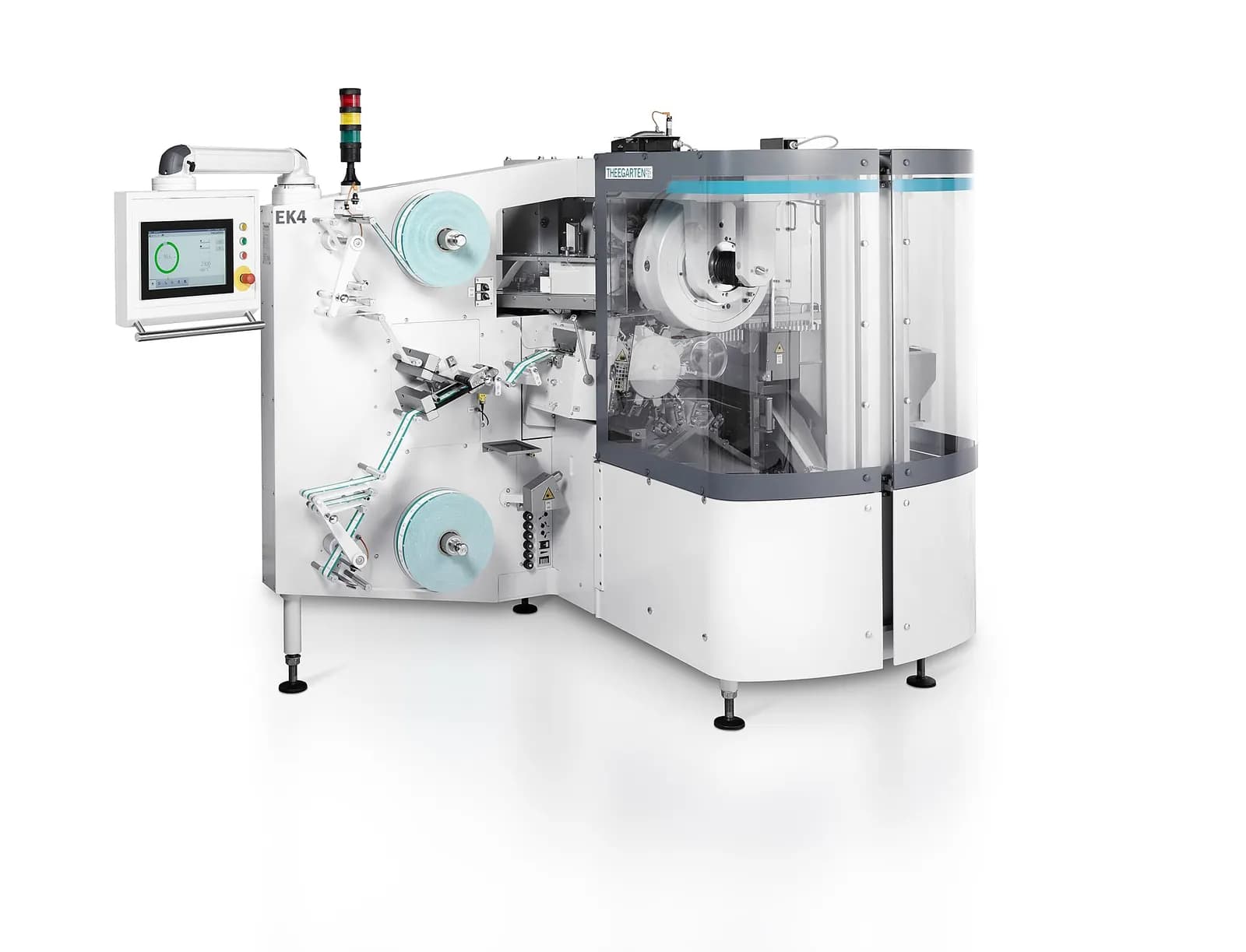 Theegarten EK4 packaging machine with touch-screen operator panel, signal tower and two film reels, photographed against a white background