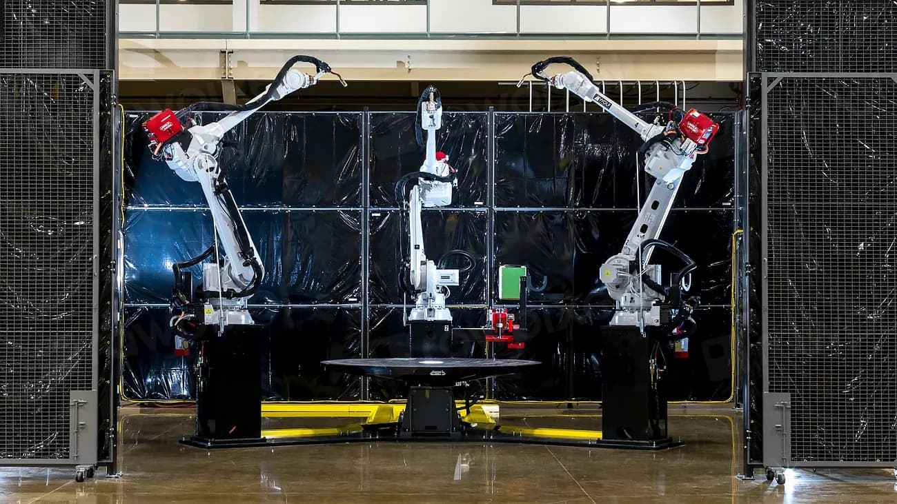 Three industrial robot arms working inside a large-scale 3D printing cell in a research laboratory