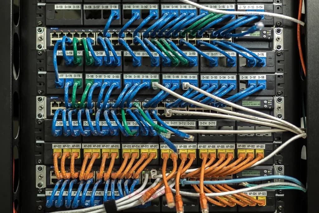 Network rack with rows of labelled blue and orange patch cables in a server cabinet