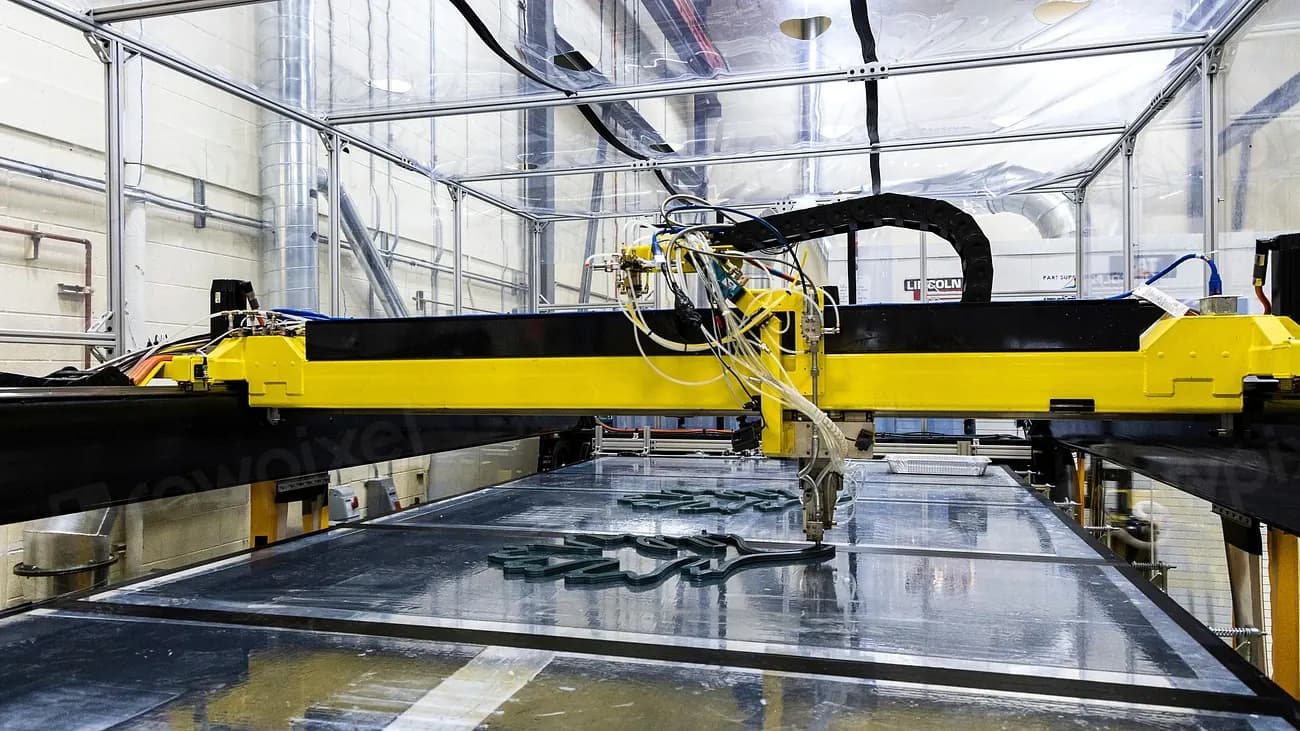 Large gantry cutting machine on a factory floor during a manufacturing industry event