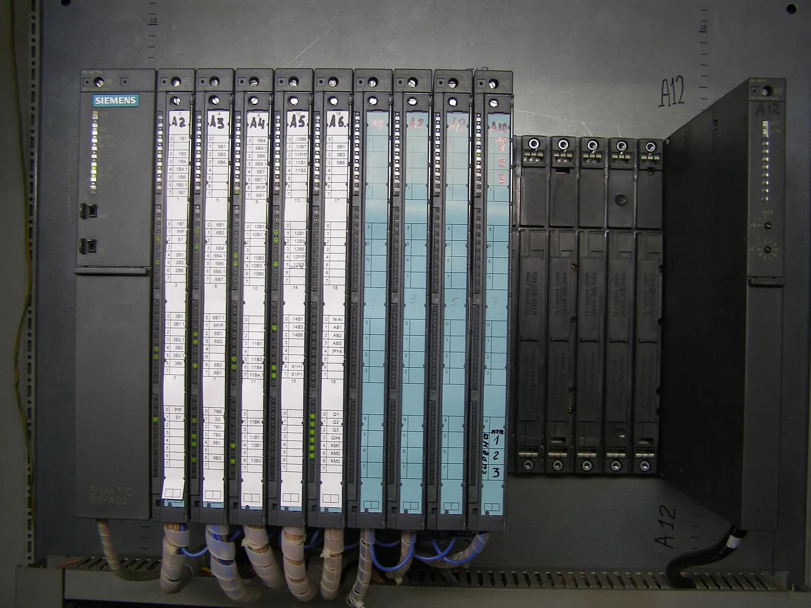 Siemens SIMATIC S7-400 rack with CPU, power supply and a row of signal modules in a control cabinet