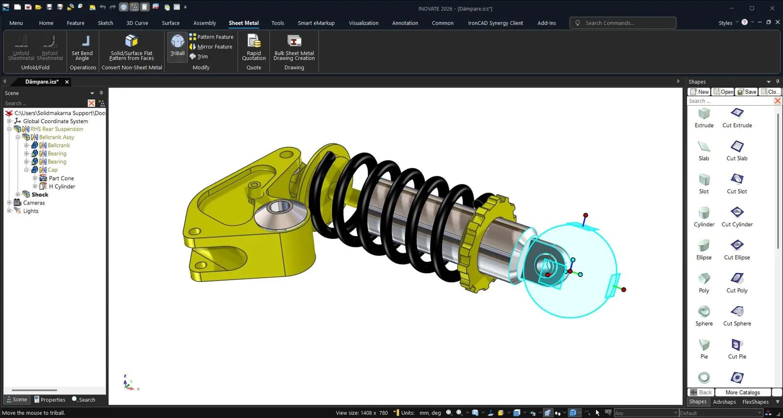 CAD software interface showing a 3D model of a mechanical assembly on a dark background