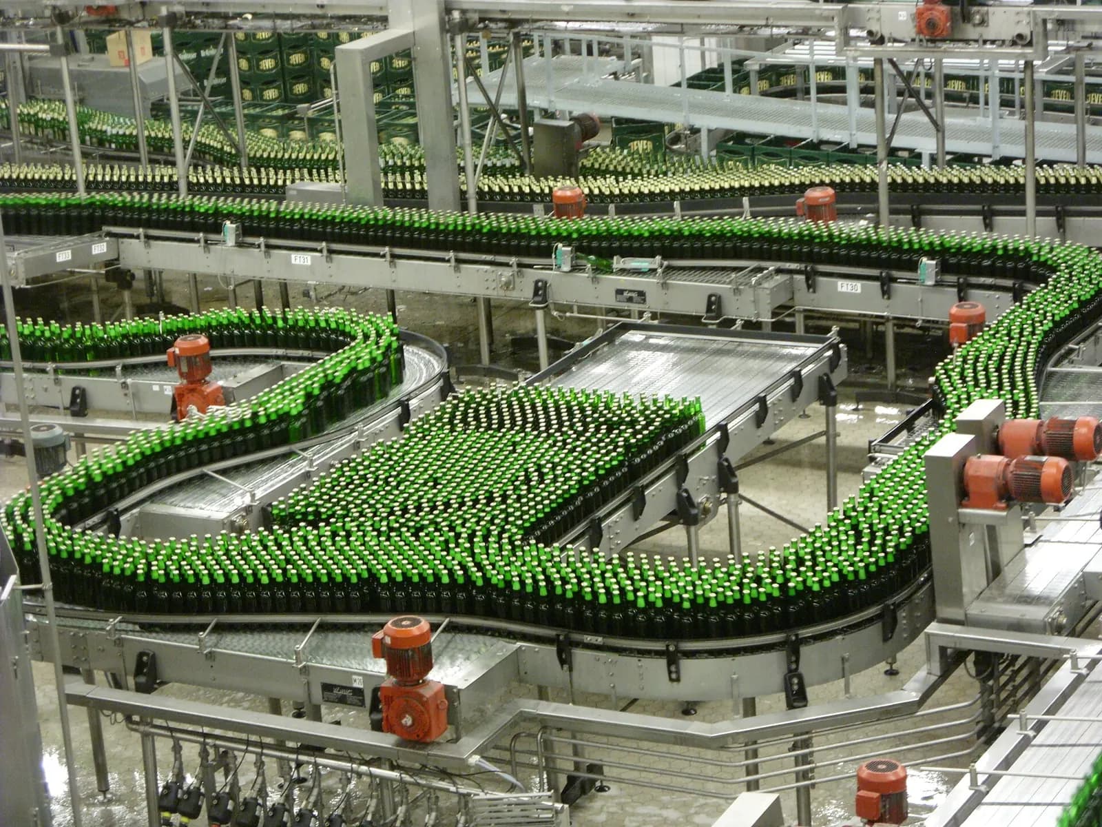 Green glass bottles moving along curved conveyors on a brewery filling line