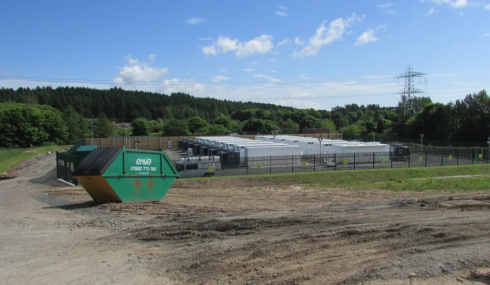 Battery storage containers and transformers at the Leslie battery storage site in Fife