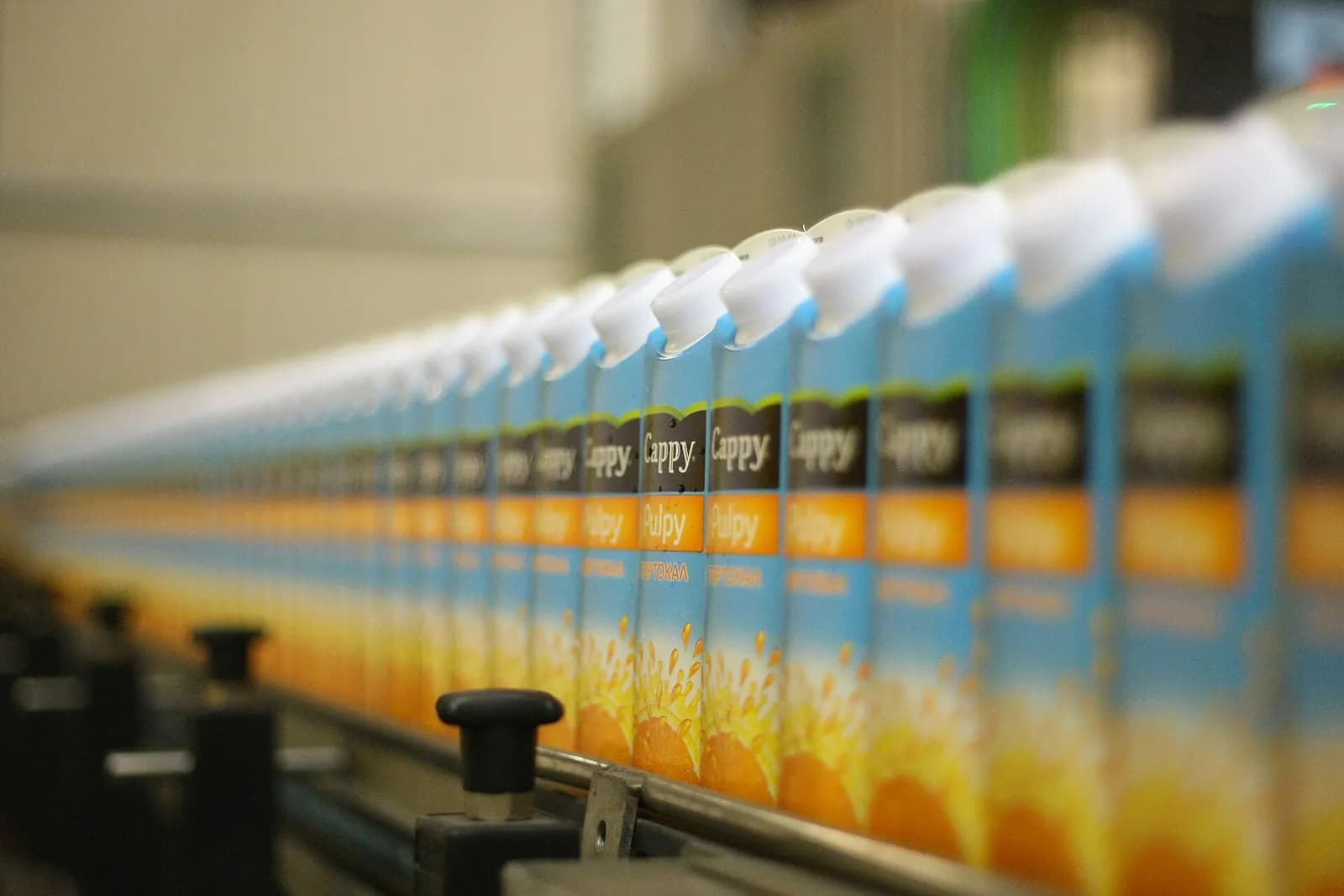 Row of juice cartons moving along a conveyor on a beverage processing line