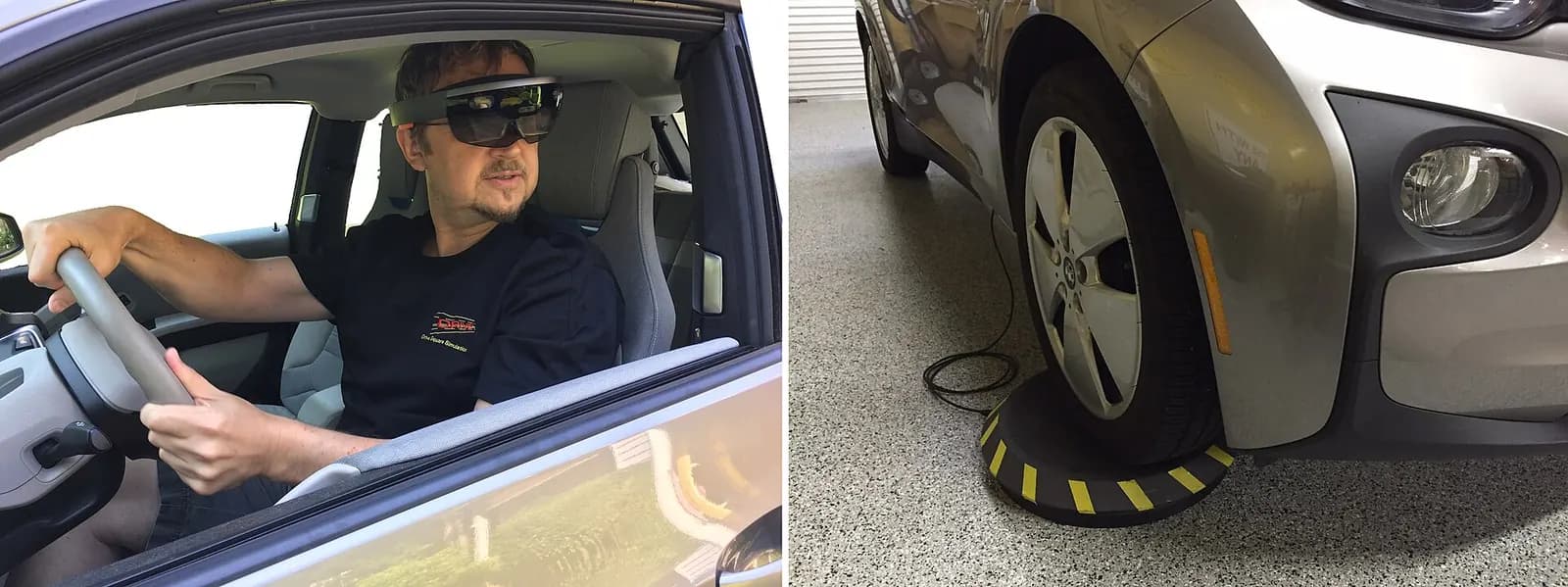Person wearing a mixed reality headset in a driving simulator rig