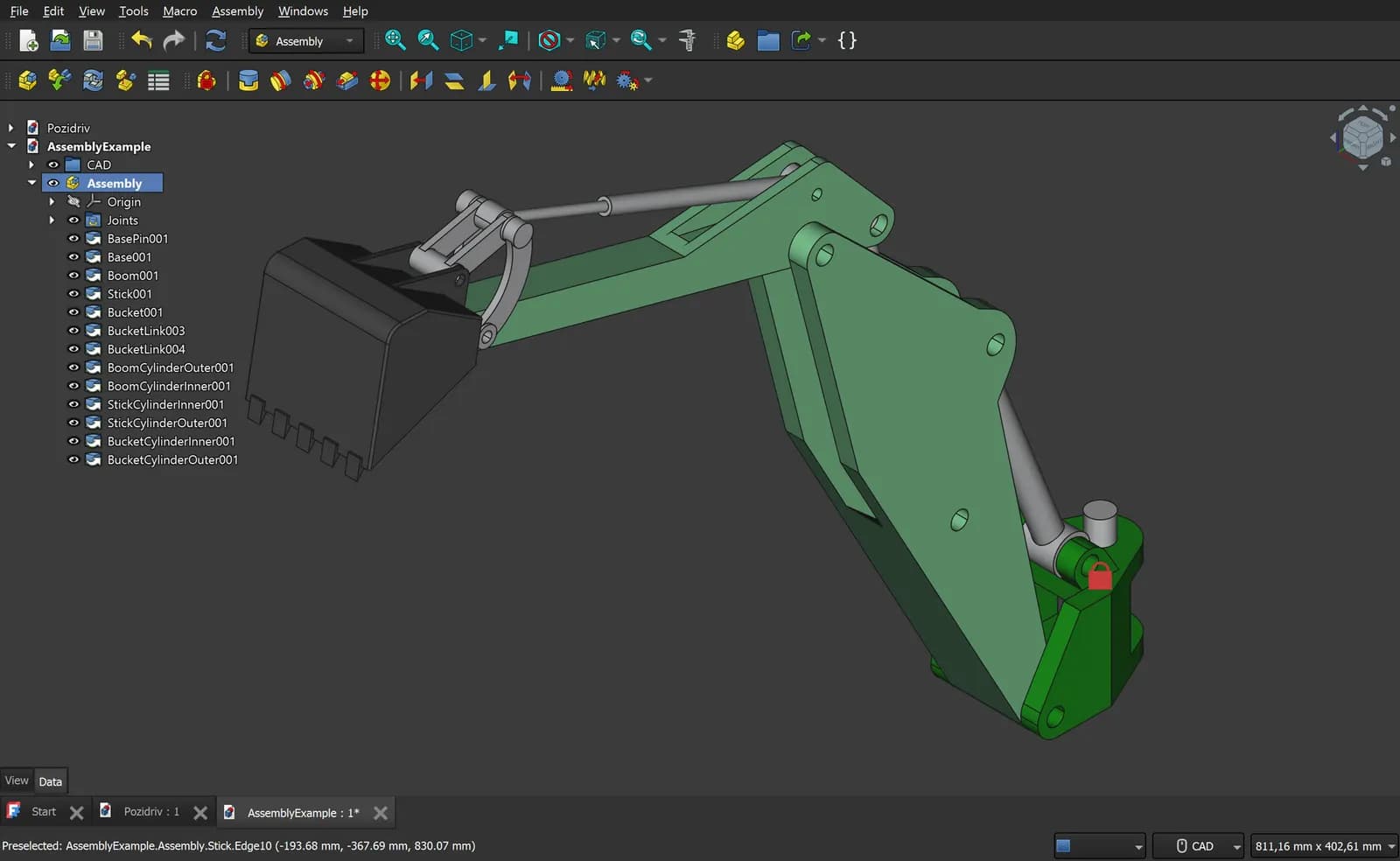 FreeCAD screenshot showing a 3D CAD assembly model of an excavator arm and bucket with its part tree.