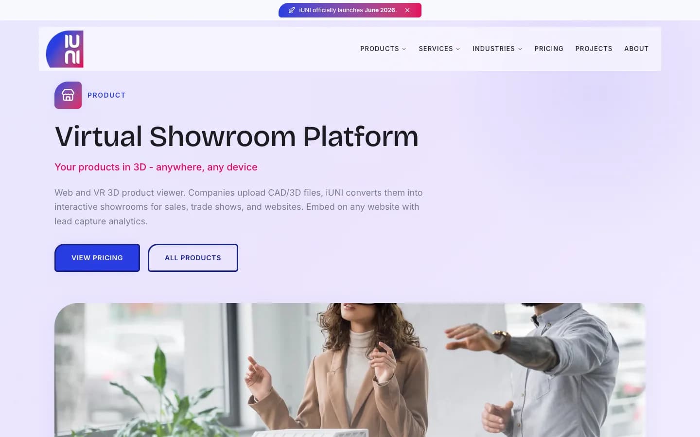 iUNI Virtual Showroom Platform web page headed 'Your products in 3D, anywhere, any device' with pricing and product buttons
