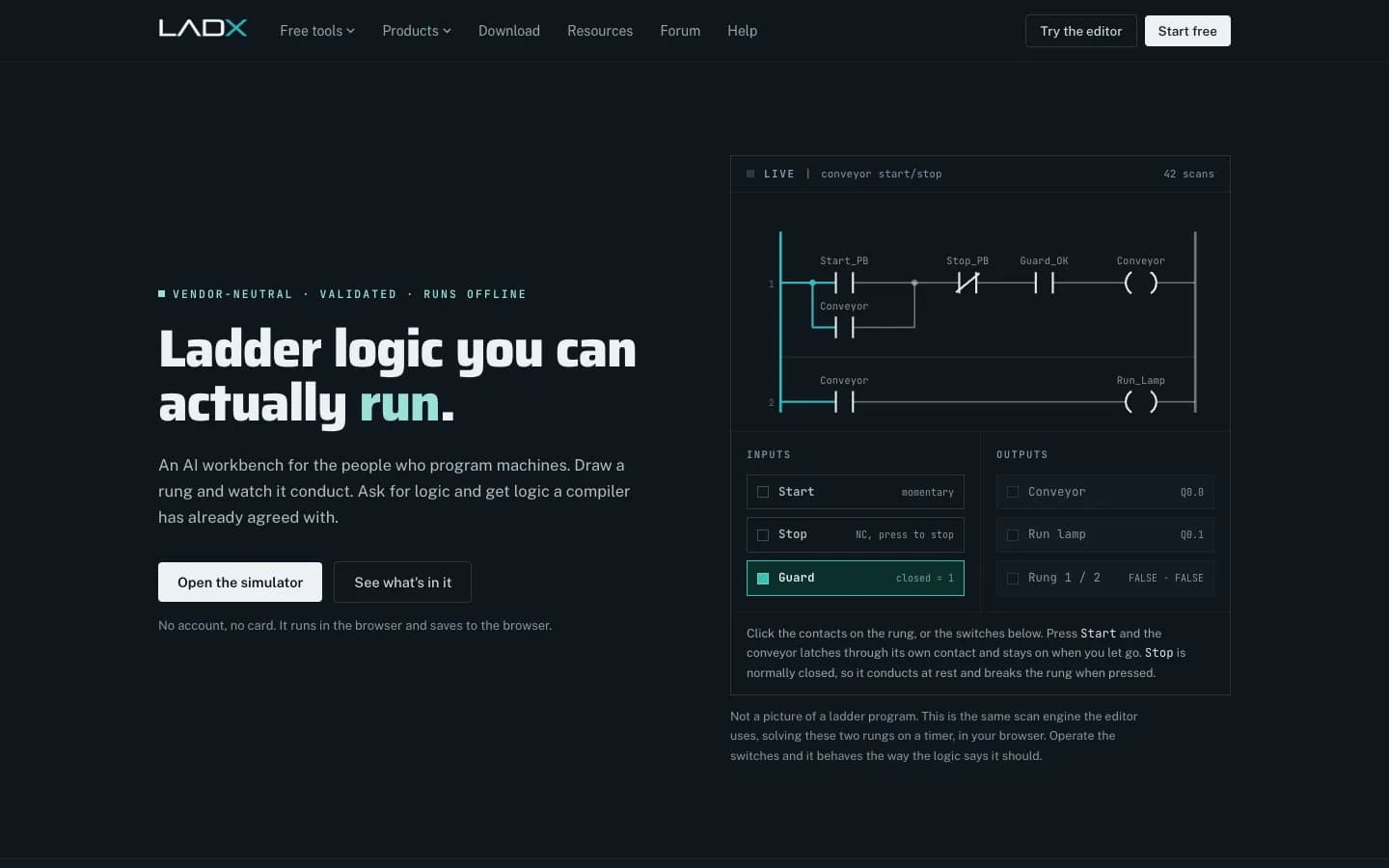 LADX home page describing a vendor-neutral, validated AI workbench for automation engineers that runs offline, with a live ladder rung