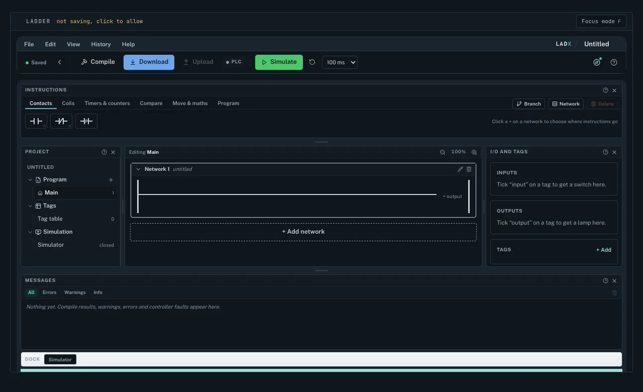 LADX ladder editor with instruction bar, project tree, network canvas, I/O and tags, and messages