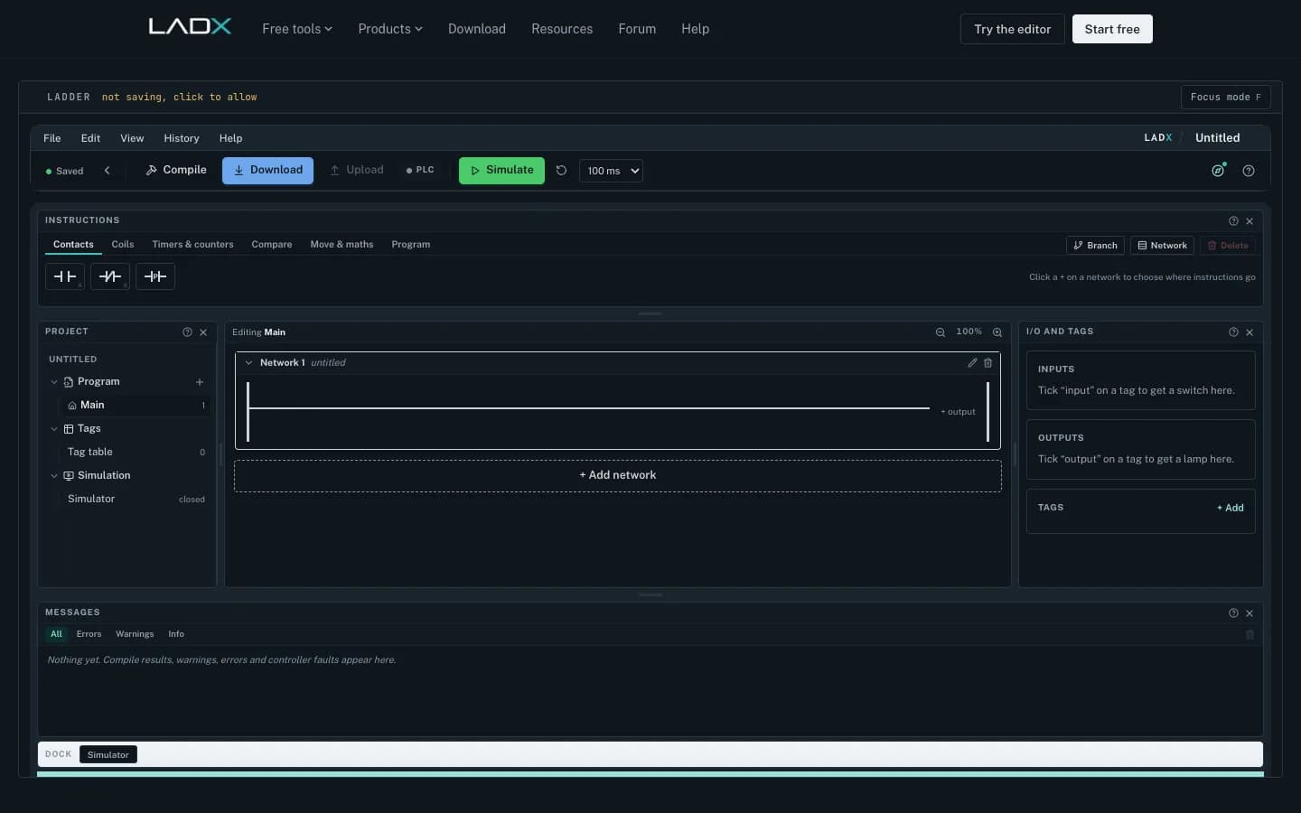LADX Ladder: Draw a rung, press run, watch it conduct